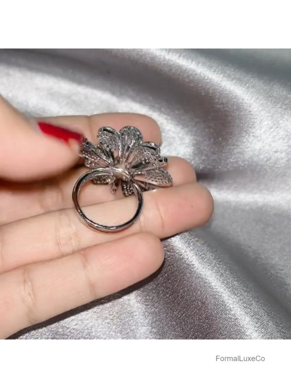 Double Layered Rhinestone Flower Ring Cubic Zirconia Wrap Finger Band